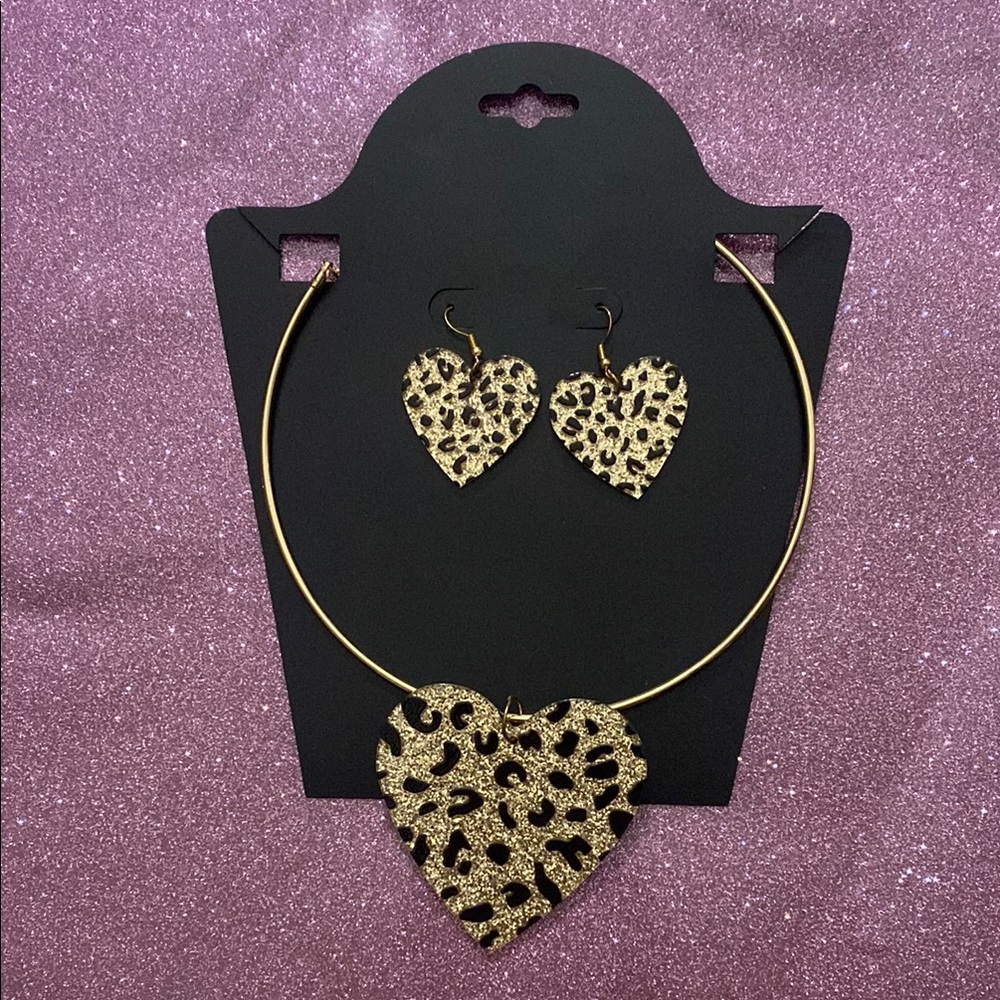 Gold Leopard Heart Necklace and Earring Set